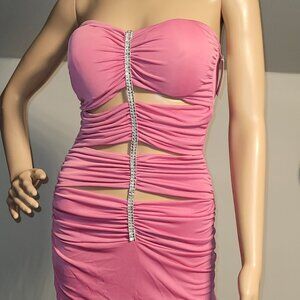 Sexy Women Pink w/Rhinestone Strapless Mini Club Party Cocktail Dress Small